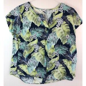 Panama Jack Blouse 1X Linen Blend Tropical Palms Floral Beach Popover